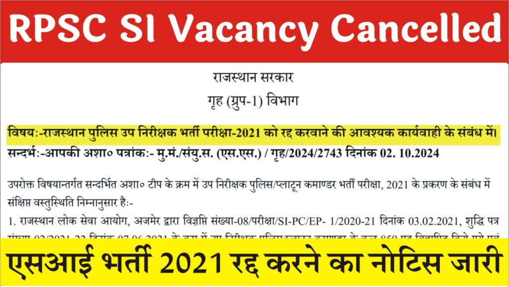 RPSC SI Vacancy Cancel Notice