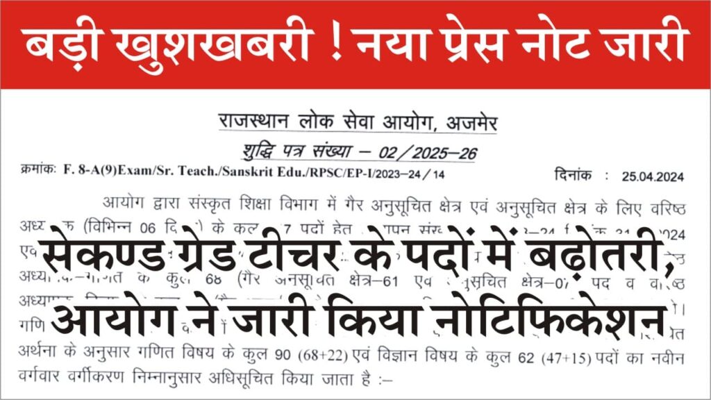 RPSC 2nd Grade Teacher Post 2025: आरपीएससी ने सेकंड ग्रेड टीचर के पदों में की बढ़ोतरी, प्रेस नोट जारी 1 RPSC 2nd Grade Teacher Post 2025